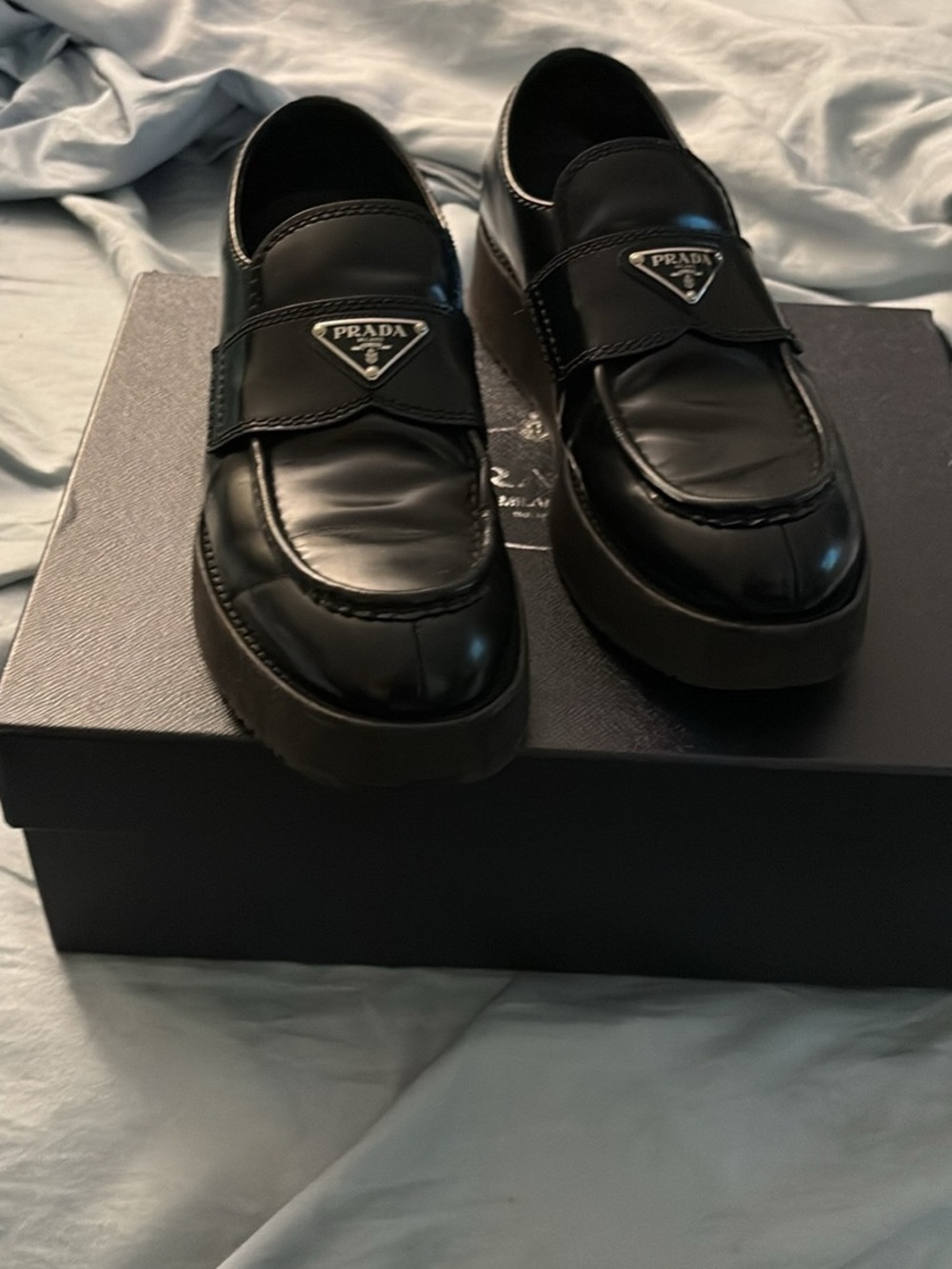 Prada Black Leather Platform Penny Loafers with Triangle Logo - Picture 4 of 6